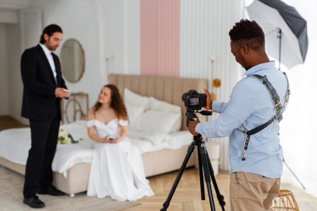 A professional photographer with a tripod capturing a bride and groom, illustrating the quality services offered by female photographers in Karachi