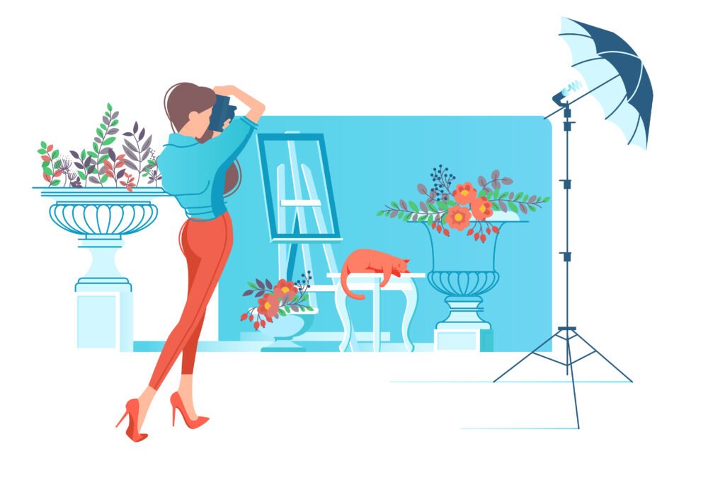 A vector illustration of a female photographer setting up a studio shoot with lights and floral props, representing a creative female photographer in Lahore at work