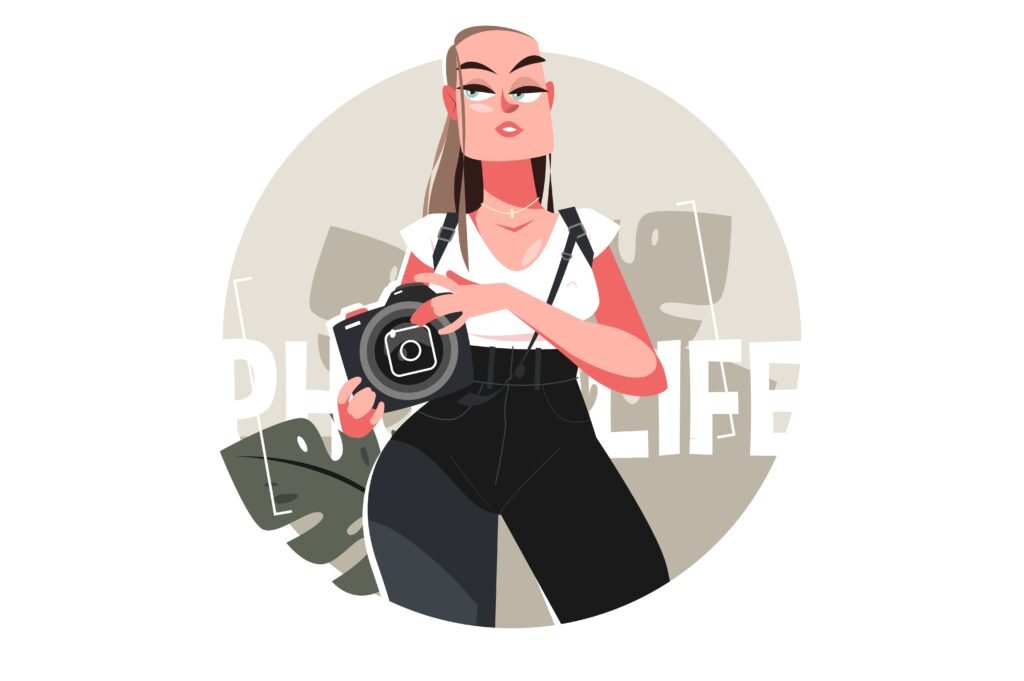A stylized illustration of a trendy female photographer holding a camera, representing a popular female photographer in Lahore instagram profile