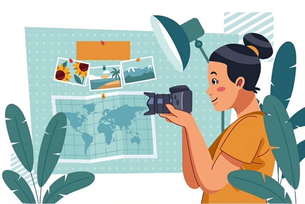 An illustration of a professional wedding photographer holding a camera in a studio setting with a world map and travel photos in the background